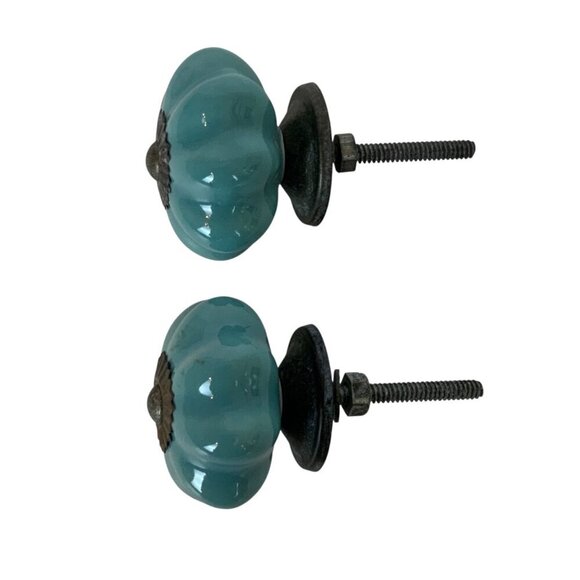 Vintage Style Teal Ceramic Pumpkin Drawer Knobs Set Of 2 For Cabinets Furniture - Picture 3 of 4